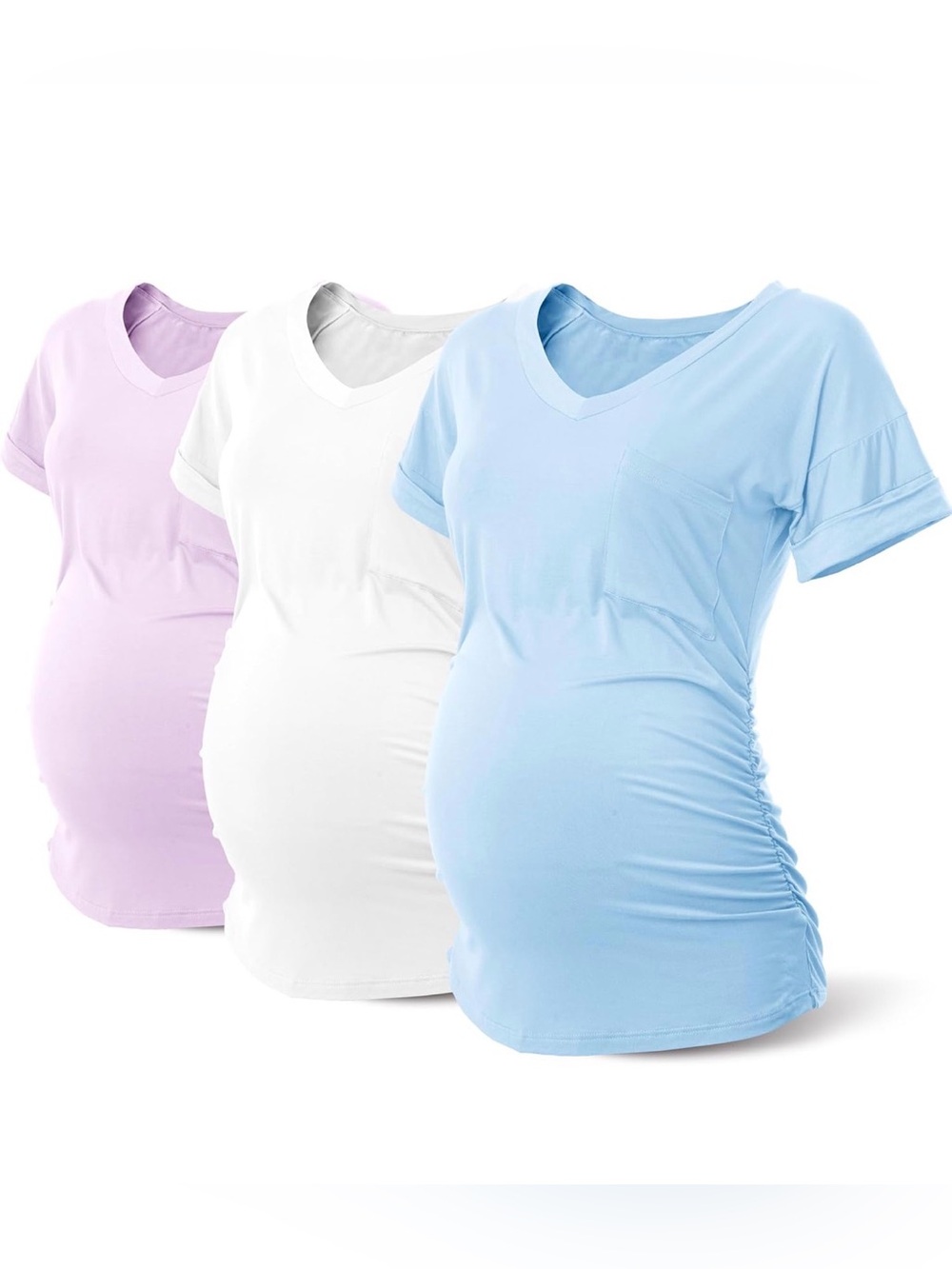 Maternity V-Neck Pocket Tee - Light Blue,Lilac,White (3-Pack)